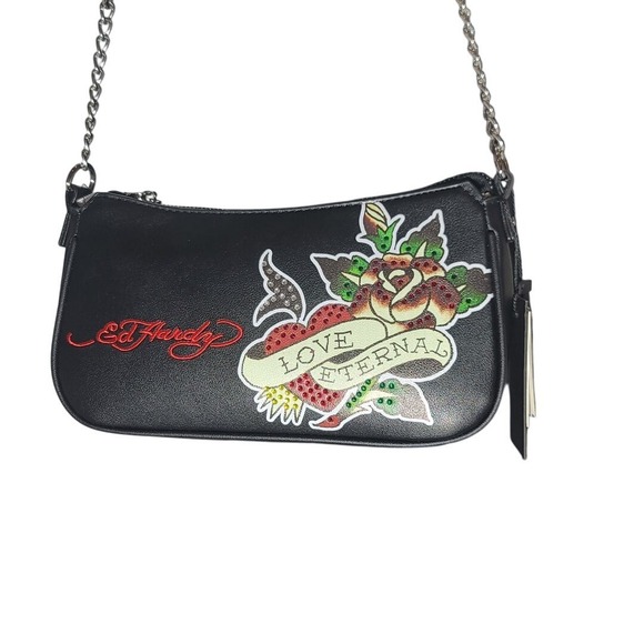 Ed Hardy Love Eternal Rhinestone Black Shoulder Bag - Picture 1 of 8